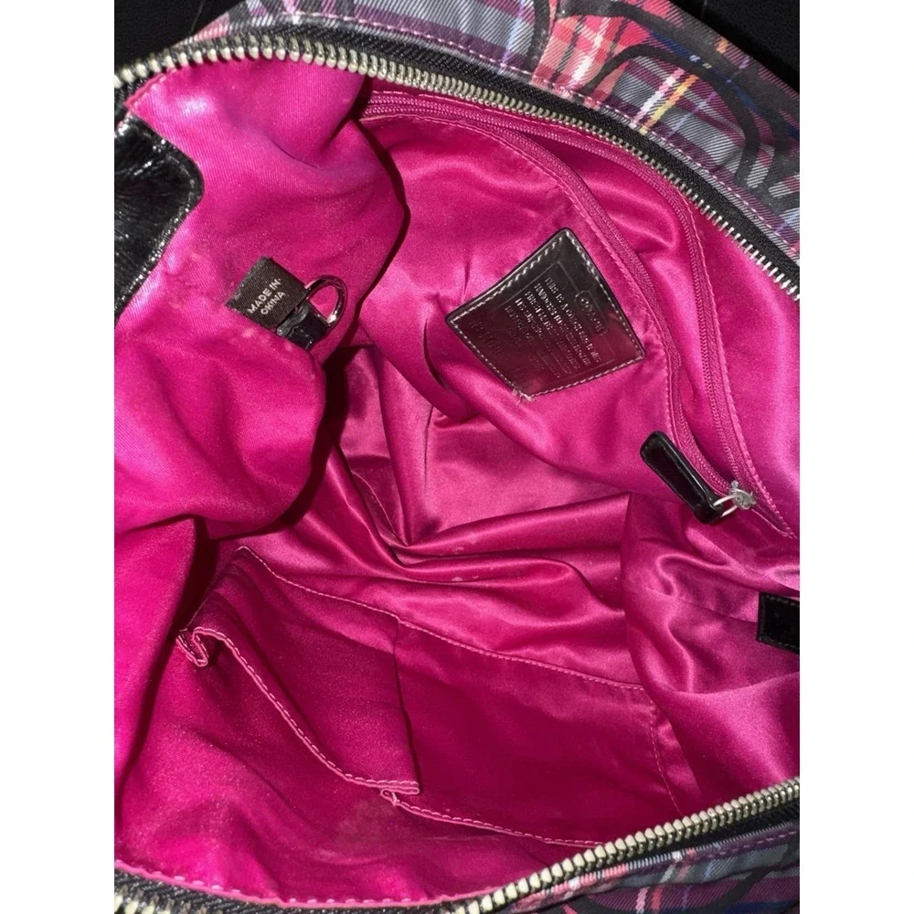 Coach Poppy Plaid Tote Pink Purple Black Zip Silver Hardware Pockets USED!!